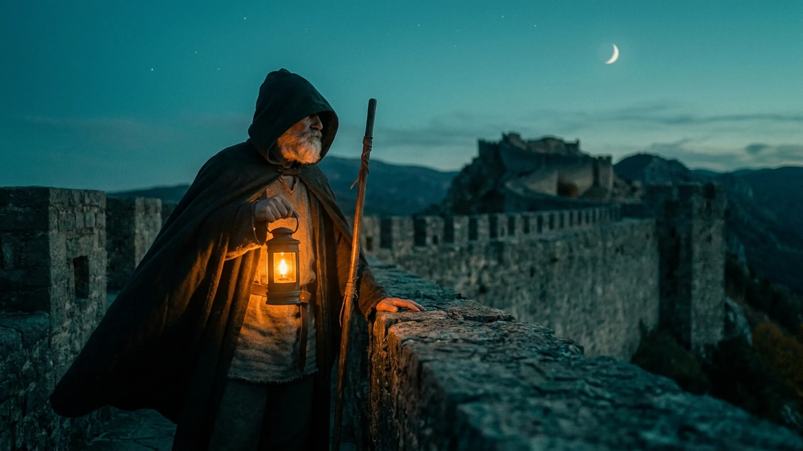 Aram stands still on the night wall, lamp lit under a crescent moon, weighing what to do.