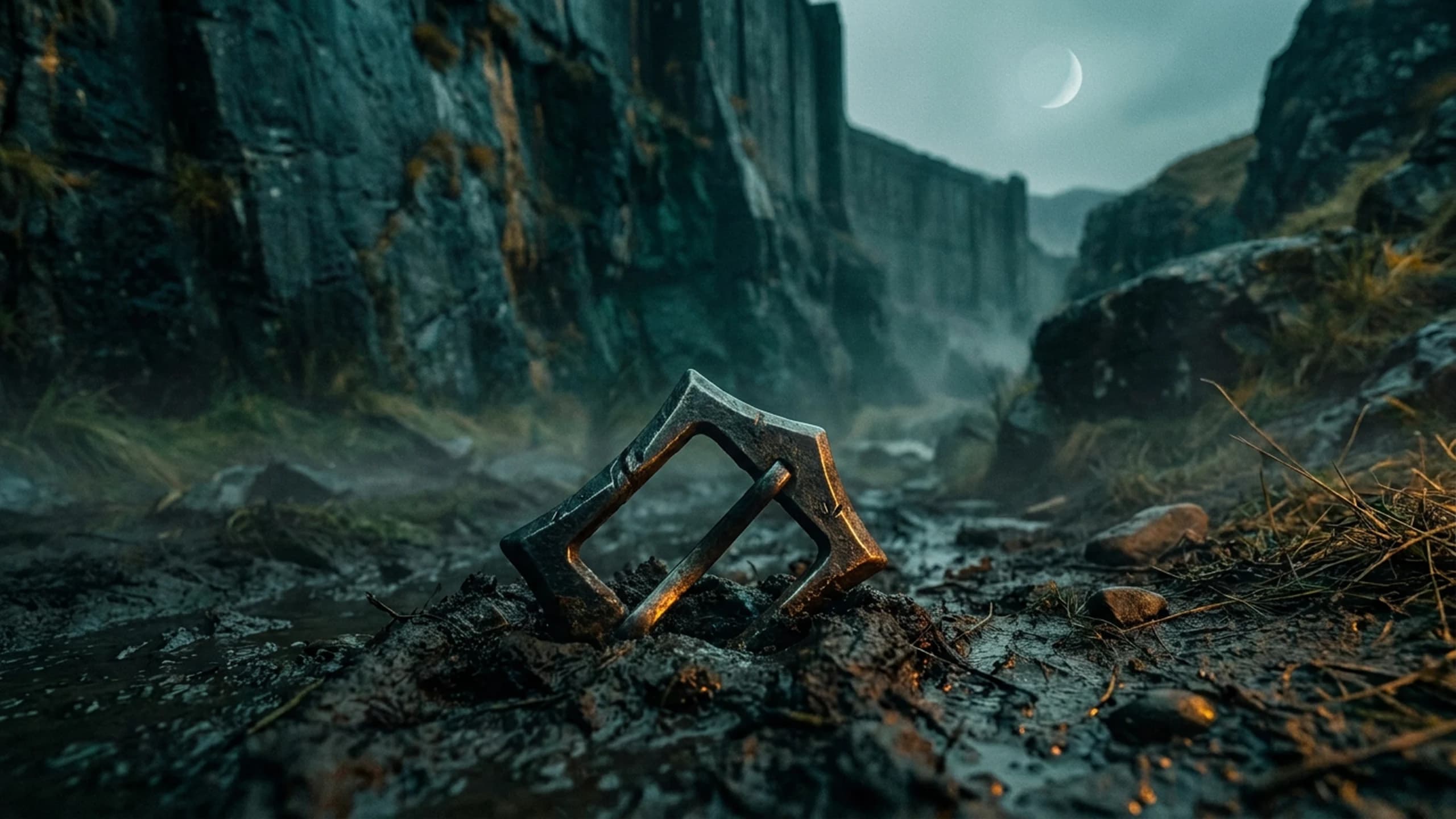 A foreign-made iron buckle half trodden into dark mud, faint cold light, fog curling low.
