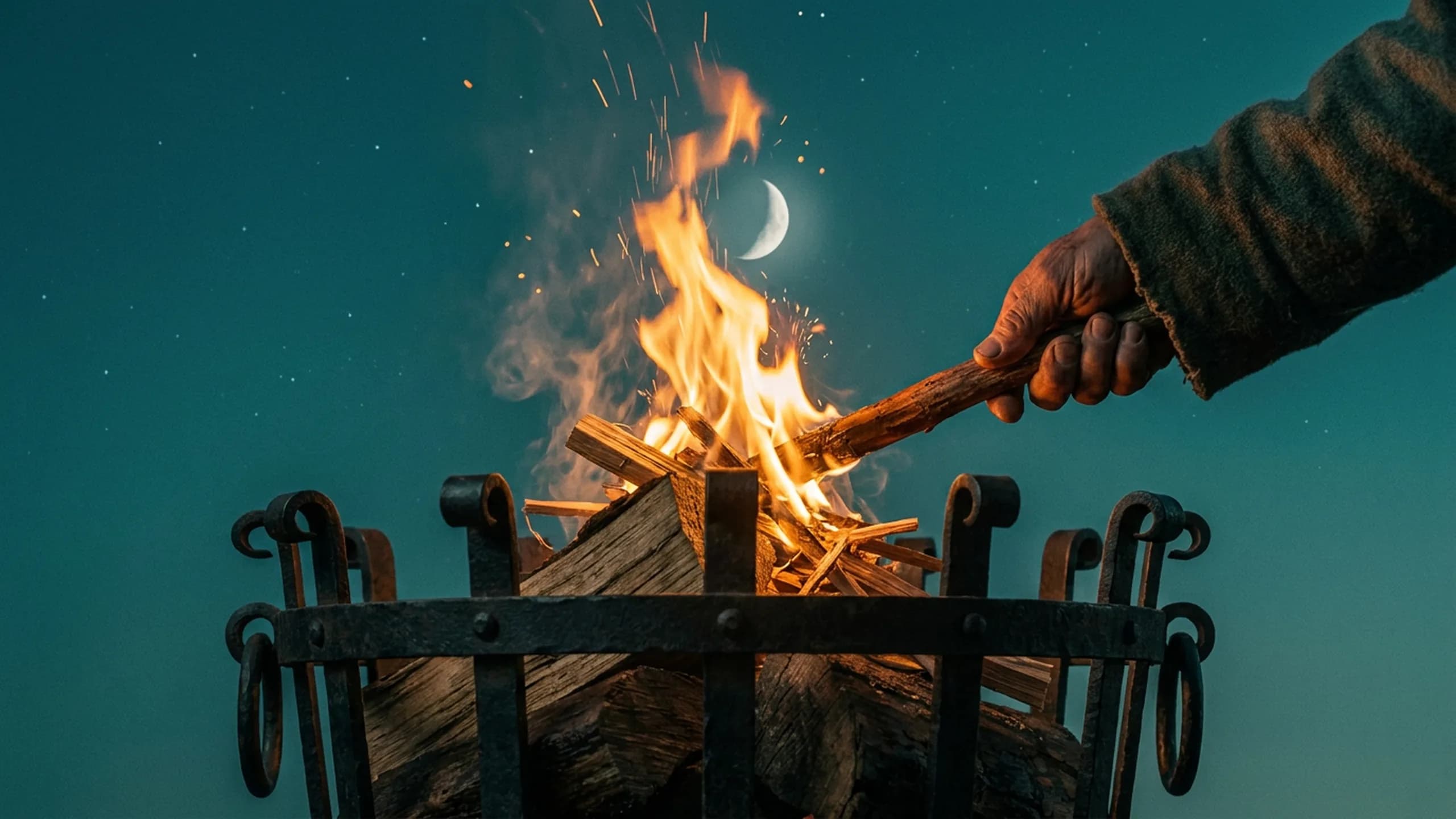 A weathered hand thrusts a burning torch into the beacon basket, sparks rising against the night sky.