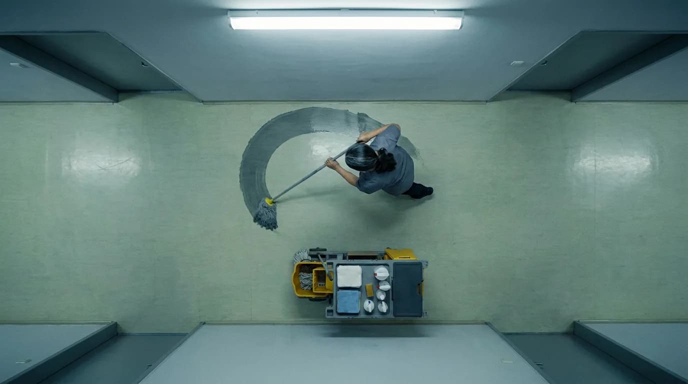 Seen from directly above, a lone cleaner mops a hospital corridor floor at night, her cart parked a few steps away, no one else in the frame.