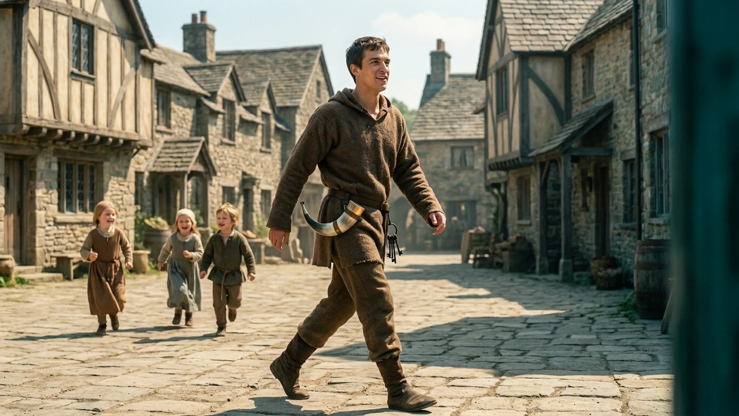 A young man crosses a noon market square, a ring of keys and a curved signal-horn at his belt, children running behind him.