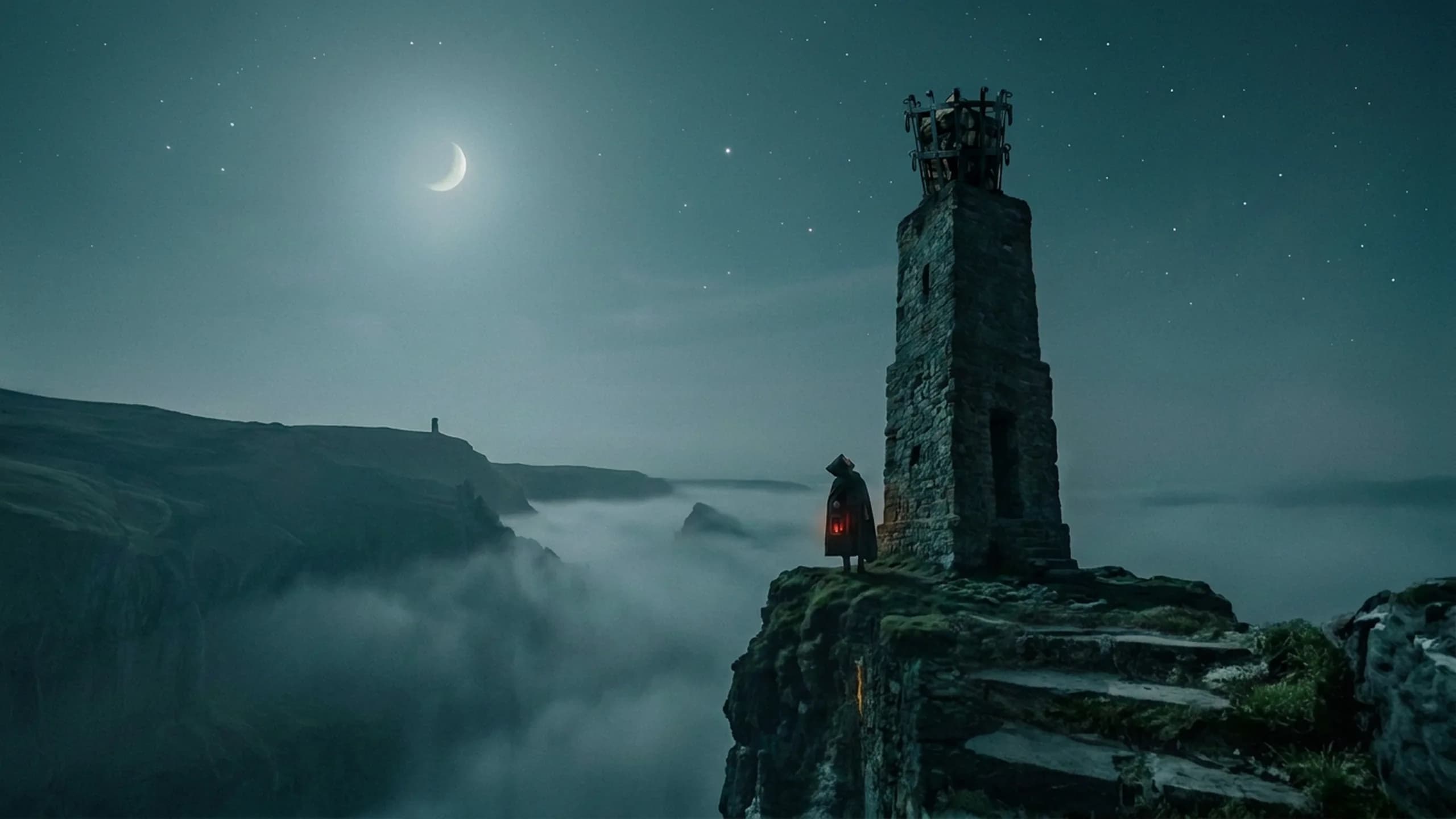 An old wall-keeper's small silhouette stands at the foot of an ancient stone beacon tower at night, its iron fire-basket unlit, kept stacked and ready through forty silent years.