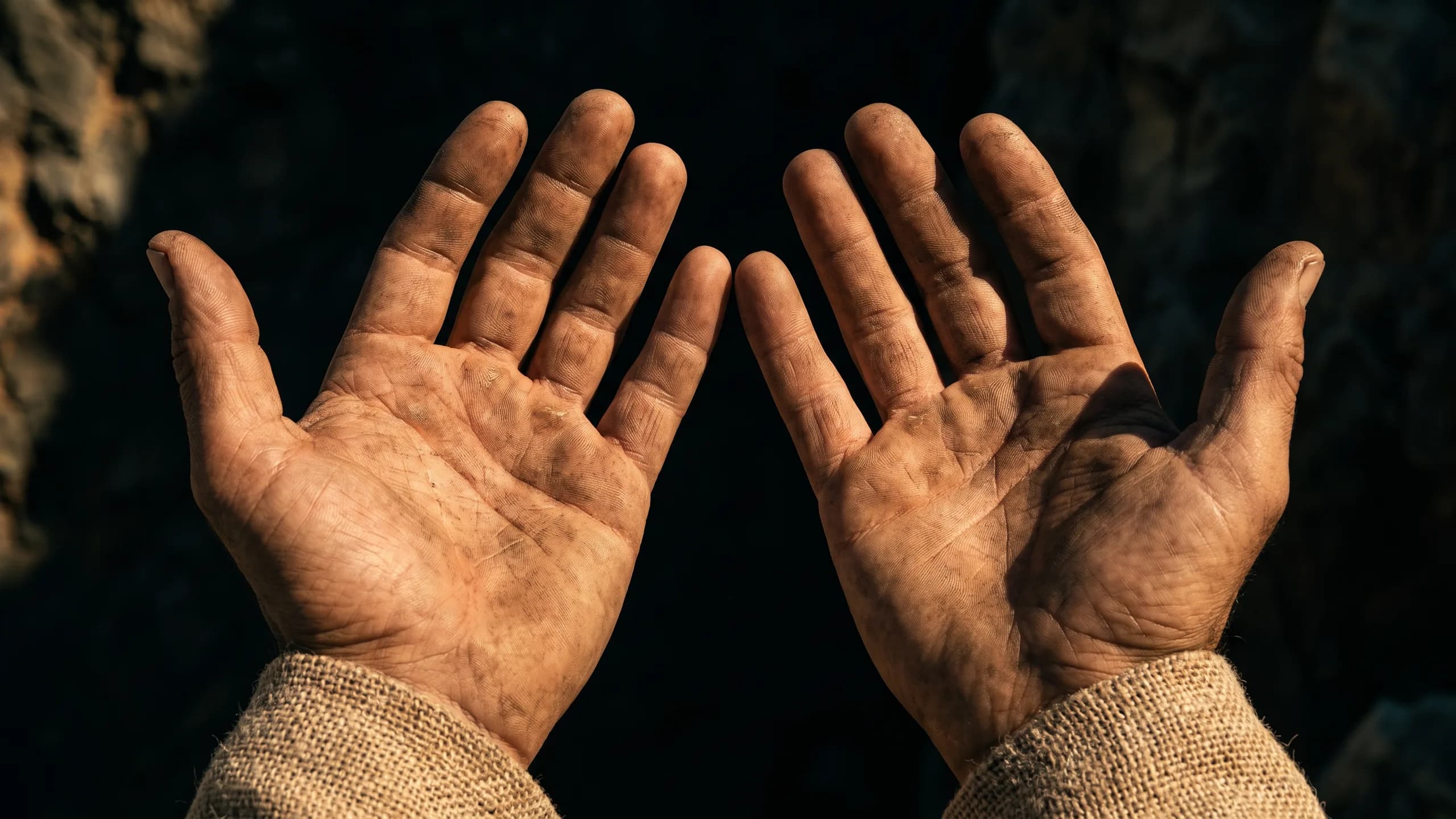 Two open, work-worn palms held up into the last hard light of dusk, the marks of long labor legible across them, darkness behind.